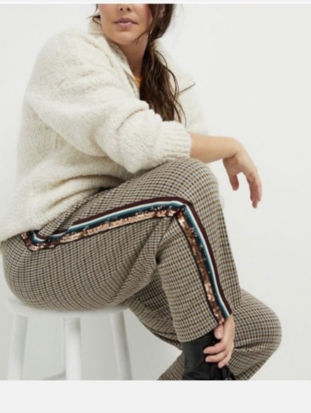 Maeve Brown Plaid Sequin Stripe Joggers